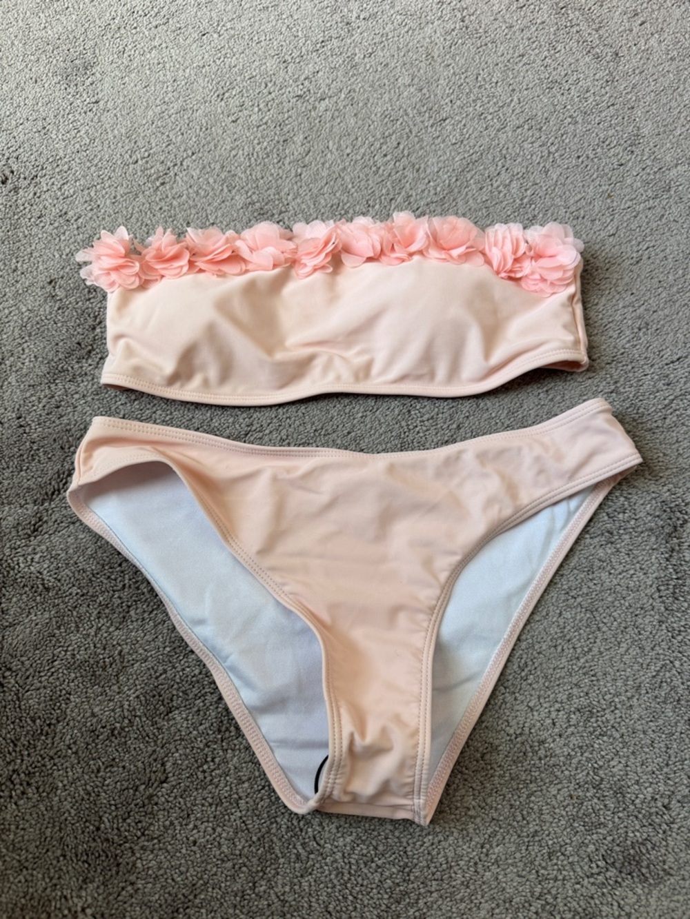 SHEIN Peach Pink Bandeau Bikini Set Floral Trim Strapless Swimwear SIZE M